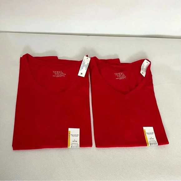 Time and Tru Tops - Lot of 2 T-Shirt Pima Cotton V-Neck Size Large (12-14) Red Relaxed Fit New